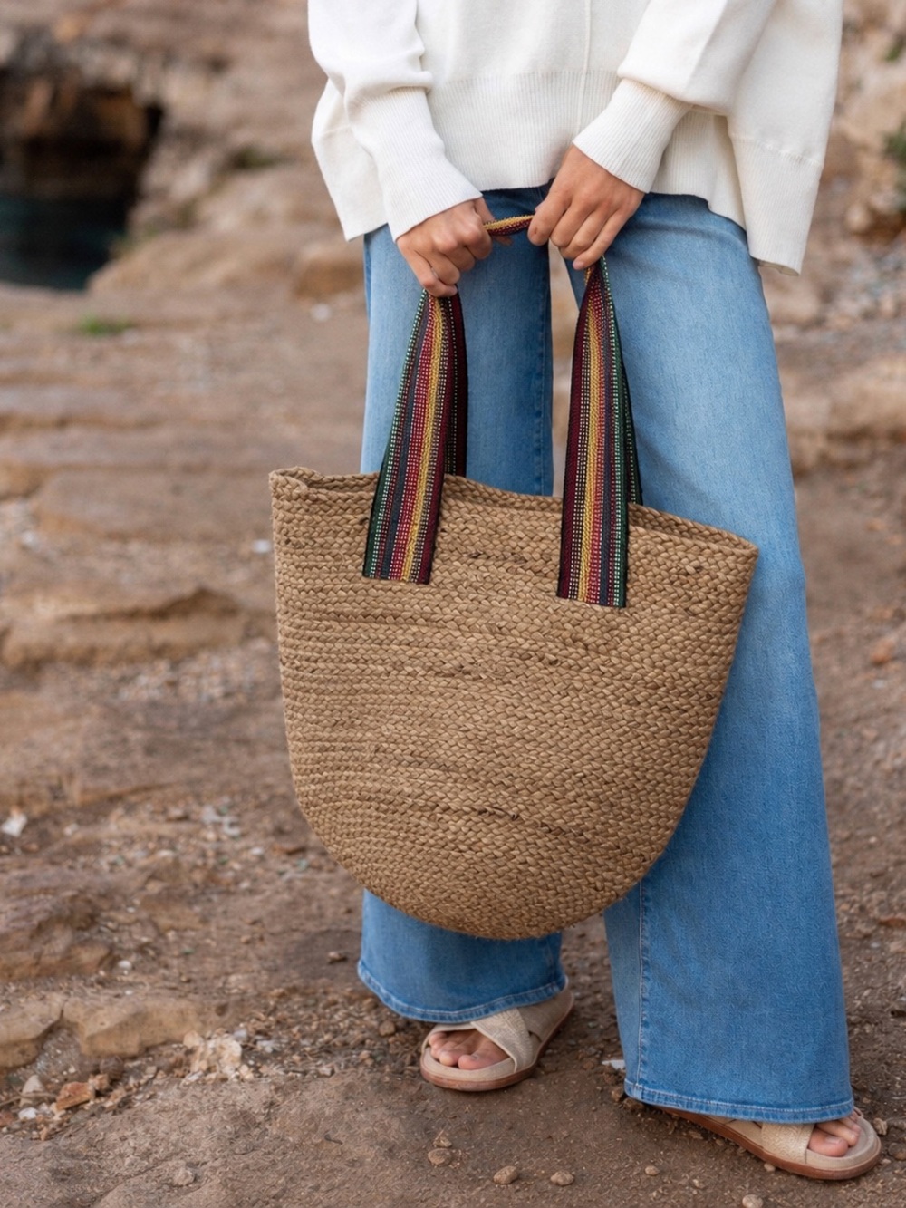 Mer Sea Woven Straw Jute Tote Bag with Multicolor Striped Handles